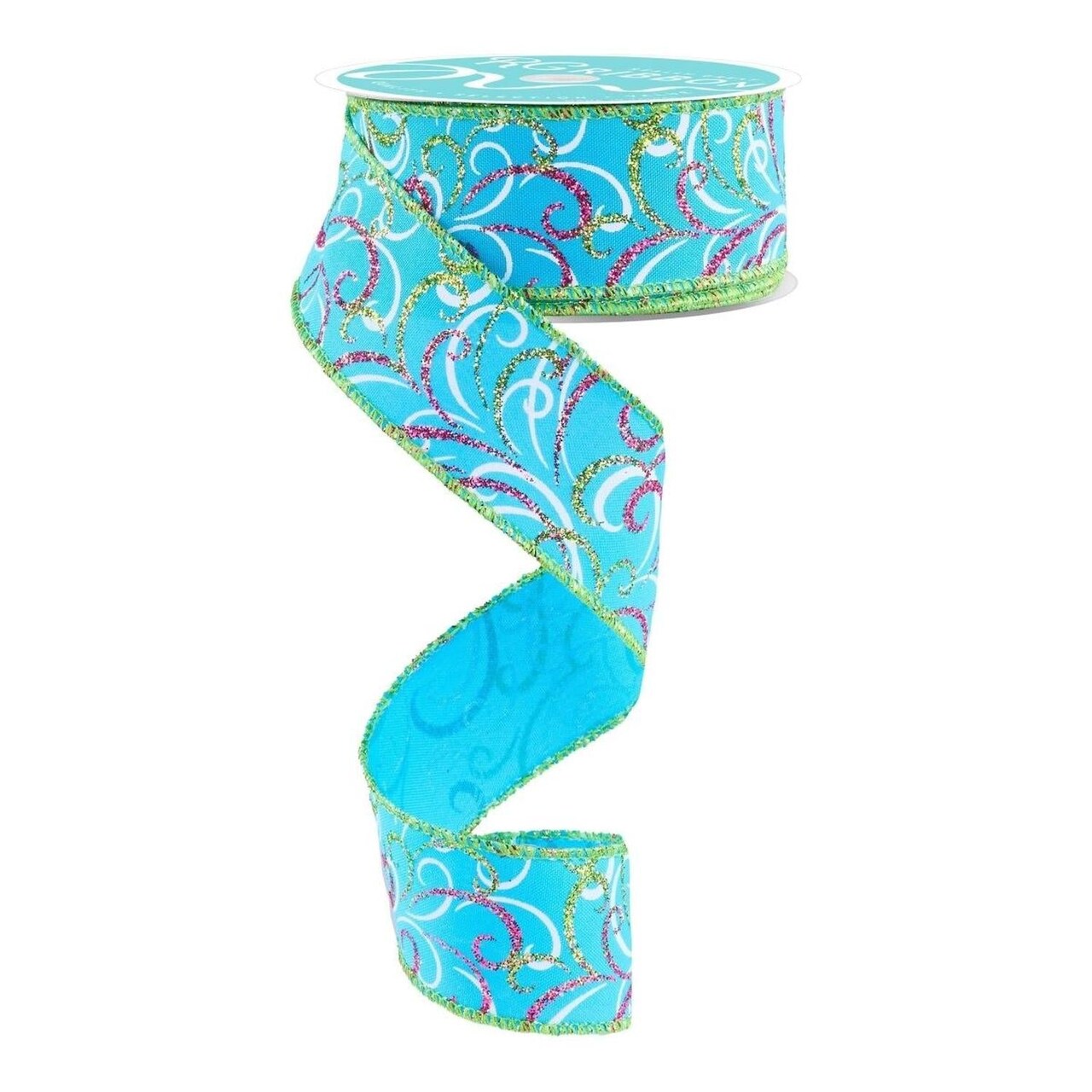 1.5" Multi Swirls Glitter Ribbon: Turquoise/Hot Pink (10 Yard)